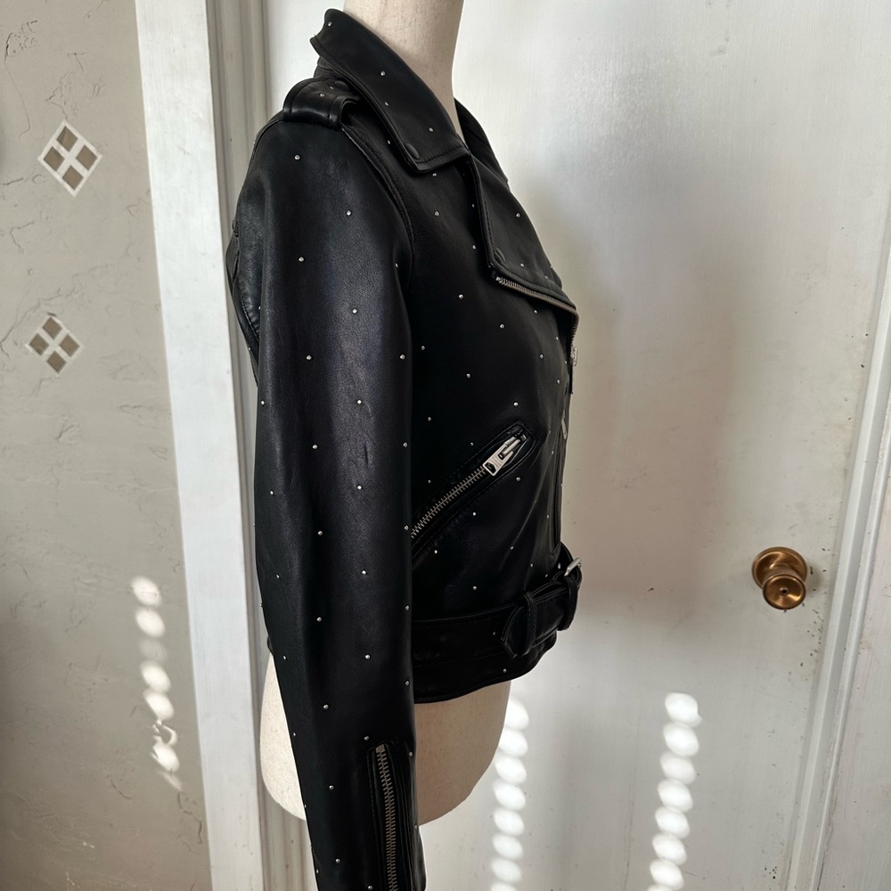 AllSaints Studded Balfern Black Sheep Leather Biker Moto Jacket Size 6 Womens - Picture 3 of 7